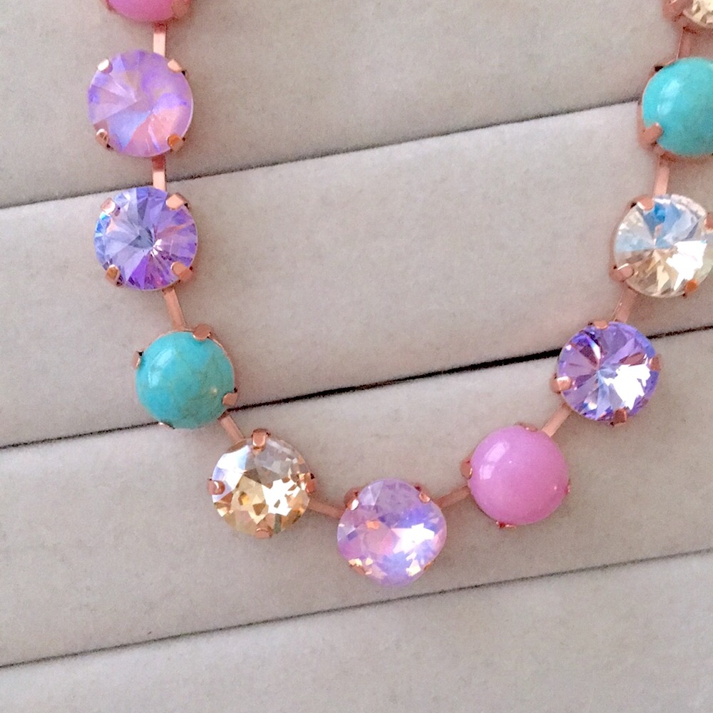 Turquoise, Violet Purple,Pink +Champagne Topaz Rose Gold Crystal Tennis Necklace - Picture 9 of 13